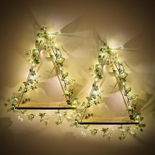 Triple Artificial White Flower Garland with LED-Strip Wall Hanging Shelves Set of 2, Boho Shelves for Wall Décor, Macrame Wall Shelf for Bedroom Bathroom Living Room Kitchen (No Battery Included)