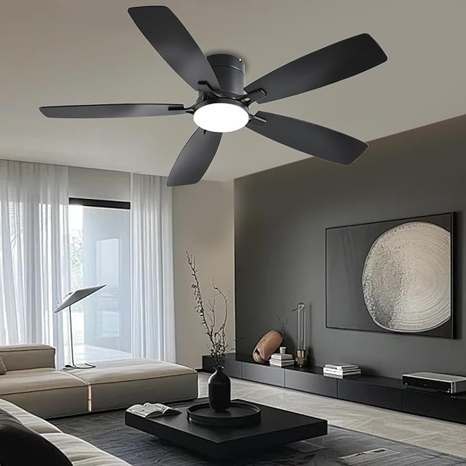 Ceiling Fans with Lights, 52 inch Low Profile Ceiling Fan with Light and Remote Control, Flush Mount, Reversible Motor, Dimmable, Noiseless, Black Ceiling Fan for Bedroom, Indoor/Outdoor Use