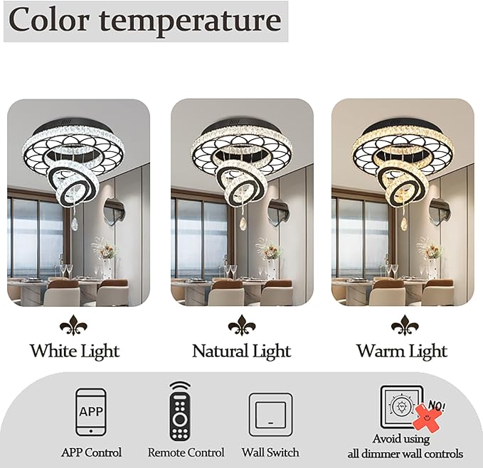 Flashing God Dia 20" Crystal Chandelier Crystal Black Ceiling Light Fixtures LED Flush Mount Ceiling Light for Living Room Bedrooms Dining Room Dimmable 2700k 4500k 6000k