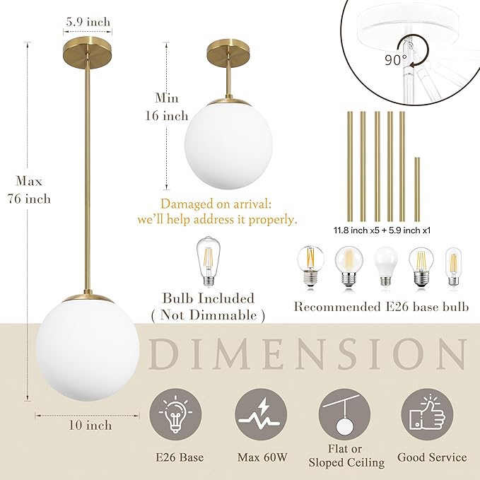 10 Inch Globe Pendant Light Gold Mid Century Pendant Light Contemporary Globe Pendant Lights Adjustable Hanging Light Fixture Milk Glass with Brass Finish for Dining Room Kitchen Island