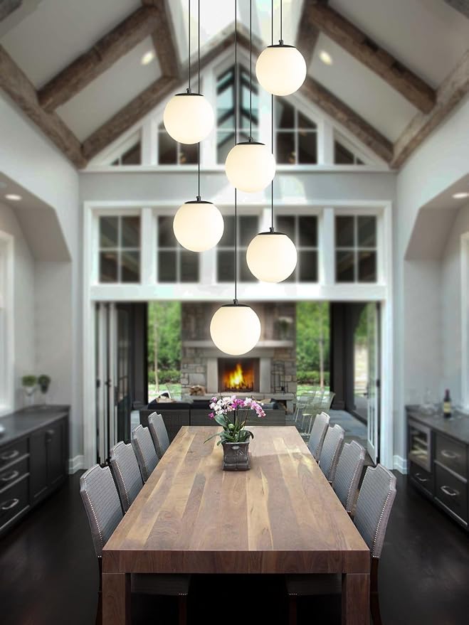 H 87in Globe Pendant Light 6-Lights Modern Hanging Chandelier for Kitchen Island Black Globe Chandelier Milk White Glass Pendant Lighting for Living Room Bedroom Entryway