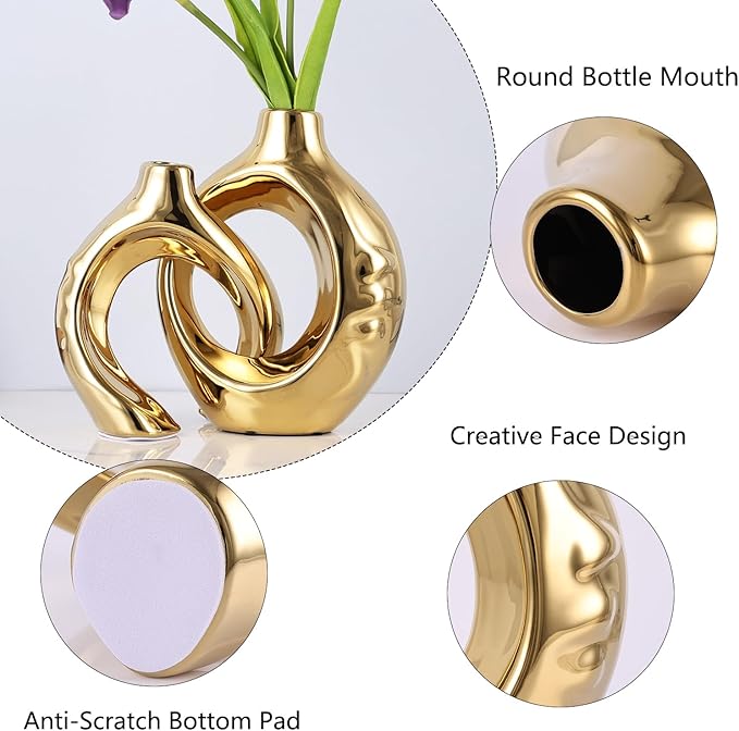 LCCCK Gold Ceramic Vases for Home Decor, Boho Vase for Flowers Pampas Grass Decorative, Hollow Donut Small Vase for Living Room Table Wedding Centerpiece Modern Vases (Gold)