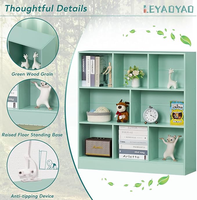 LEYAOYAO 8 Cube Bookshelf with Base,3 Tier Modern Mint-Green Kids Bookcase,Standing Wide Bookshelfs Storage Organizer Toy Shelf,Wood Display Children's Book Shelves for Bedroom,Living Room,Nursery