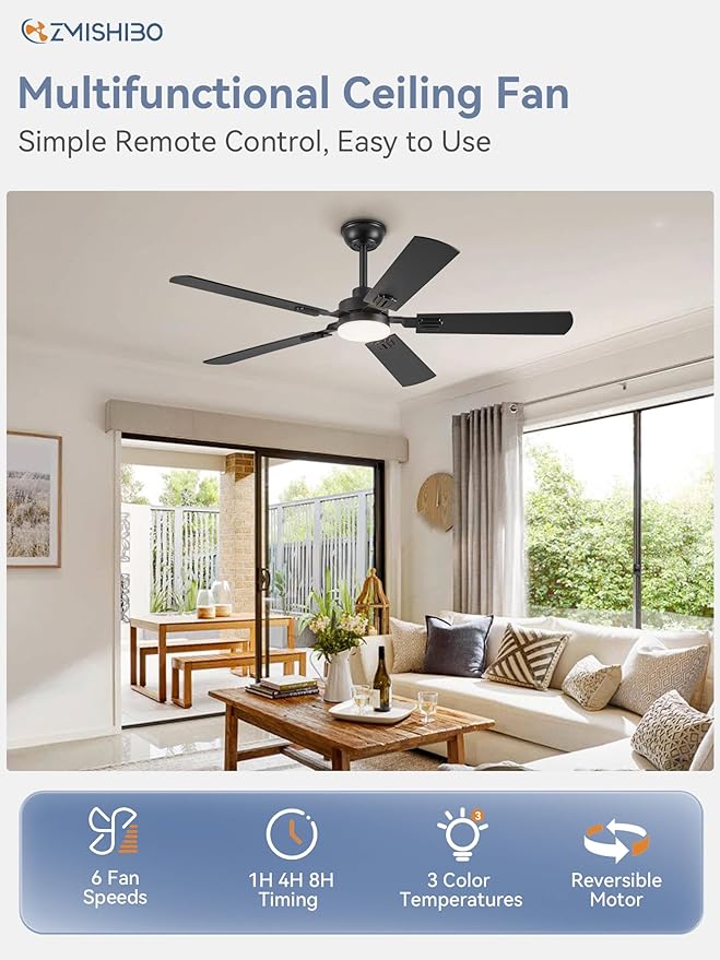 ZMISHIBO 52" Ceiling Fans with Lights, Black Modern Ceiling Fan with Remote, Farmhouse Indoor Ceiling Fan with Dual Finish Blades, Quiet & Strong Motor, Bright LED Light.
