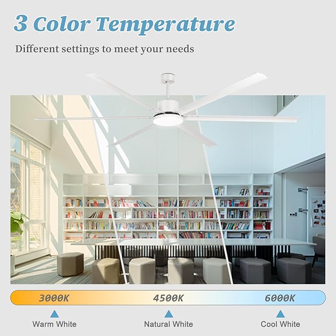 100" Industrial Ceiling Fan with Lights, Large Ceiling Fans with Remote 6 Reversible Aluminum Blades DC Motor 3CCT, Indoor Outdoor Commercial Ceiling Fan for Garage Shop Patio, White