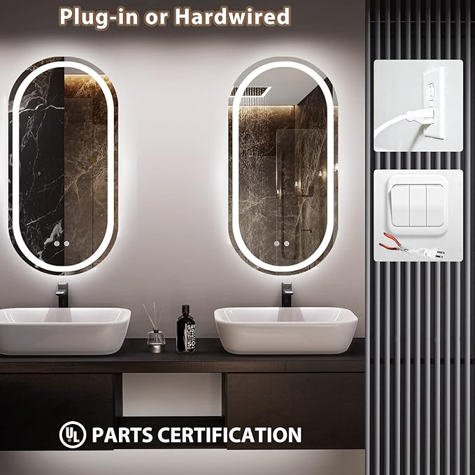 HOMECOOKIN Led Bathroom Mirror with Lights, Anti-Fog - 16 x 32 inch, Wall Mounted, 3 Colors, Adjustable, Horizontal &amp; Vertical