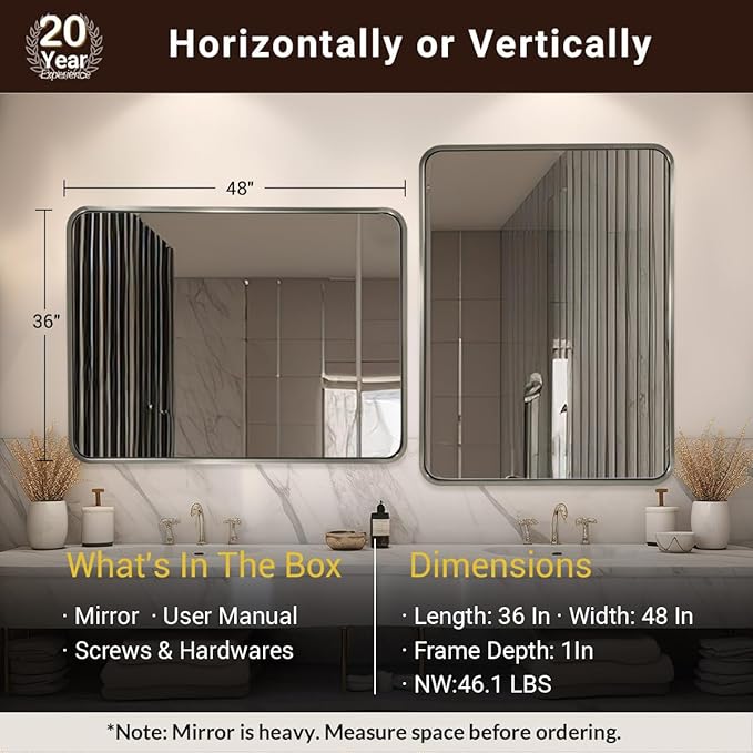 ANDY STAR 48x36 Inch Brushed Nickel Bathroom Mirror, Rounded Rectangle Bathroom Vanity Mirrors for Wall, Anti-Rust SUS304, Seamless Tube Metal Frame, 1'' Deep Wall Mounted Vertically/Horizontal