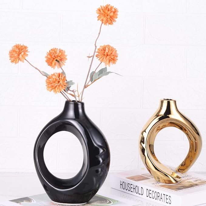 LCCCK Boho Black and Gold Ceramic Vases for Home Decor - Small Hollow Donut Vases for Living Room Table Wedding Centerpiece