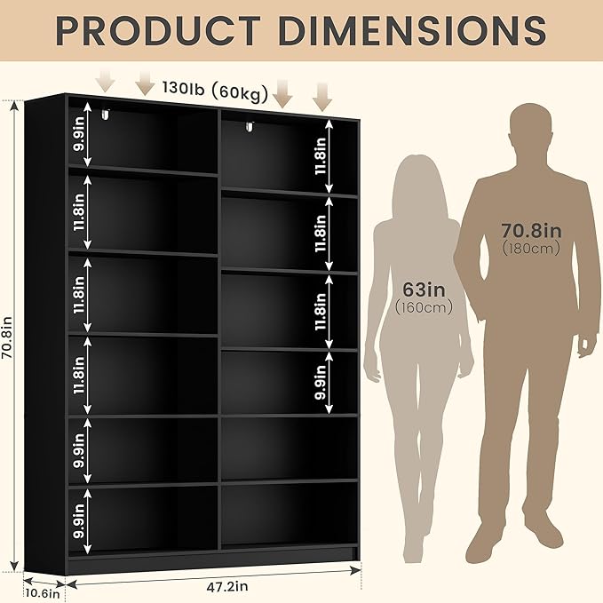 Black Bookcase, Bookshelf with 12 Open Shelves, Freestanding Display Storage Shelves, Book Case Home Library Bookcase for Living Room Bedroom Office 2PC