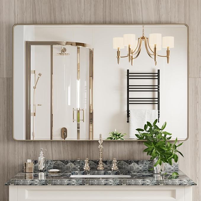 Bronze Bathroom Mirror 48x32 Inch, Brushed Bronze Metal Frame Mirror for Wall, Rounded Rectangle Bathroom Vanity Mirror with Tempered Glass, Anti-Rust, Horizontal/Vertical