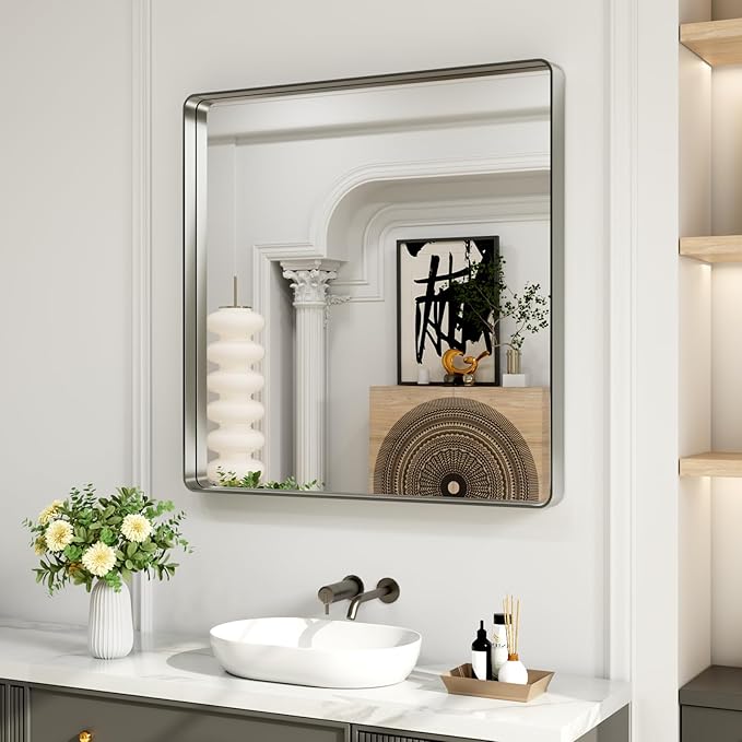 LOAAO 38X38 Inch Brushed Nickel Bathroom Mirror, Rounded Rectangle Silver Metal Frame Mirror, Brushed Nickel, Anti-Rust, Shatter Proof, Hangs Horizontally or Vertically