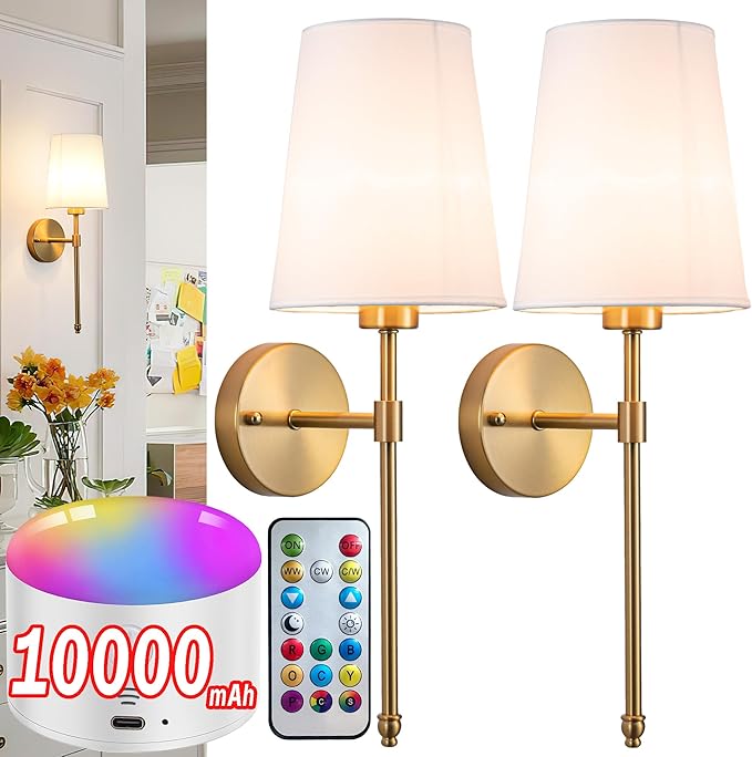Battery Operated Wall Sconce Set of 2, Rechargeable Wall Sconce with 10000mAh Bulb and Remote, Up to 50 Hrs Use, RGB Dimmable Wireless Wall Lights for Living Room Bedroom Hallway