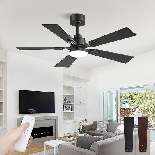 42 Ceiling Fans with Lights and Remote, Modern Low Profile Ceiling Fans with Dimmable 3CCT Quiet DC Motor, Reversible Ceiling Fan with 6-Speeds Timer for Bedroom,Black