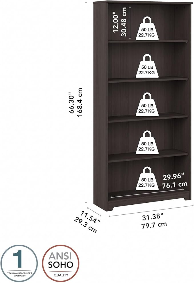 Bush Furniture Cabot Tall 5 Shelf Bookcase | Large Open Bookshelf in Heather Gray | Sturdy Display Cabinet for Library, Living Room, and Home Office