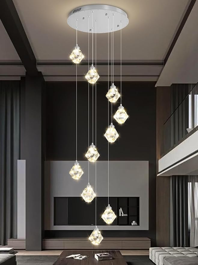 10-Light Modern Chandeliers for Foyer Crystal Chandelier for Living Room Chrome Pendant Light Staircase Chandeliers for High Ceilings Dimmable LED Hanging Light with Remote