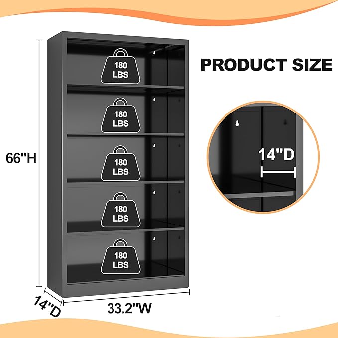 66" Tall Metal Bookcase, 5 Shelf Black Bookcase with Adjustable Shelves, Large Bookshelfs and Bookcases, Modern Book Shelf Storage Organizer for Living Room, Home Office, Library (Black)