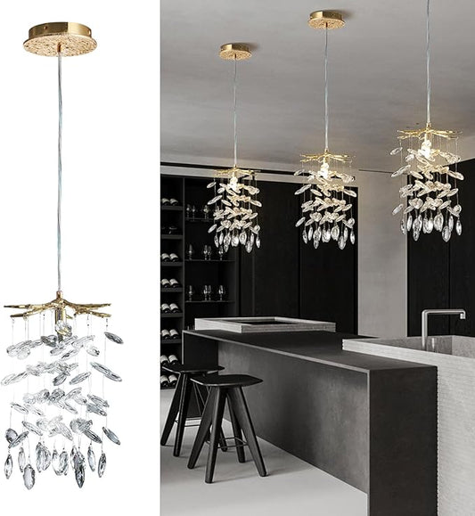 YUYI 8.3" Crystal Pendant Light, Modern Gold Tree Branch Chandelier for Dining Room, Luxury Raindrop Chandeliers Hanging Light Fixture for Living Room, Kitchen Island, Bedroom, Foyer, Entryway