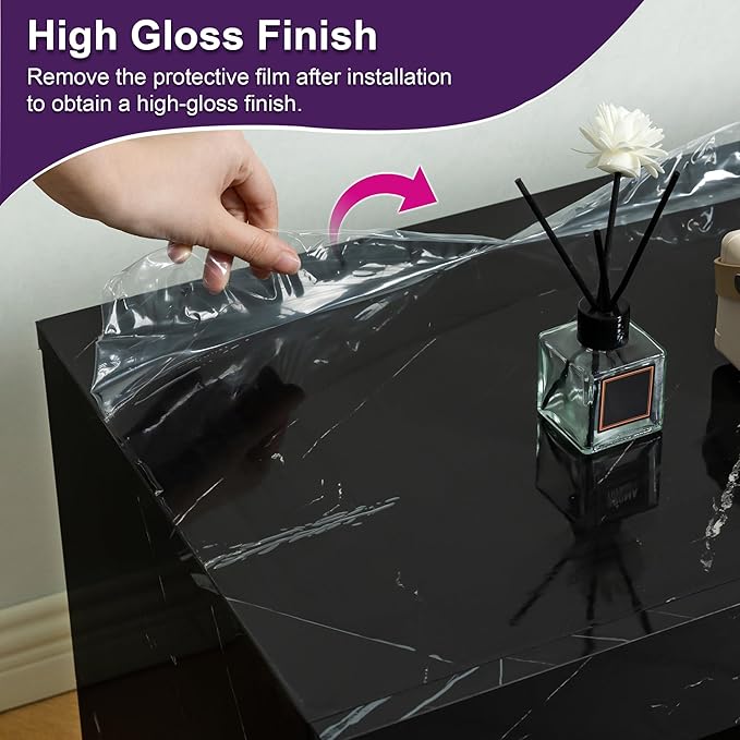 65.7 inch Modern High Gloss LED TV Stand with Storage for 50 55 60 65 70 75 inch TV, Gaming Entertainment Center for PS5, TV Cabinet with Glass Shelves for Living Room, Bedroom, Black Marble