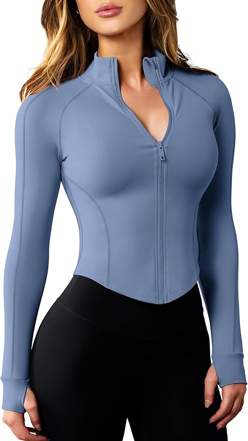 AVGO Women's Workout Jacket Lightweight Zip Up Cropped Yoga Jackets Slim Fit Athletic Tops with Thumb Holes