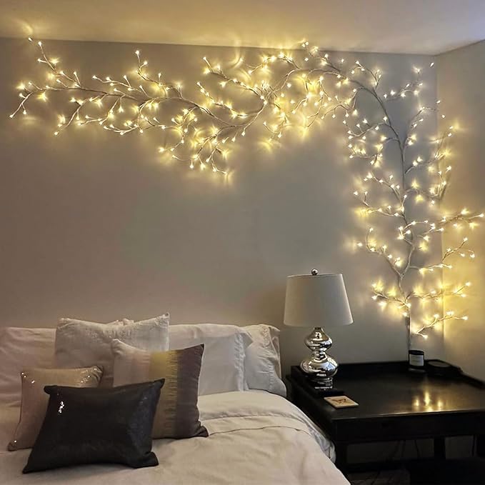 Enchanted Willow Vine Lights with Remote, Christmas Swags Decorations Indoor Room Decor, 18 Branches 144 LEDs Lighted Willow Vine Lights for Walls Bedroom Home Decor, White Branch