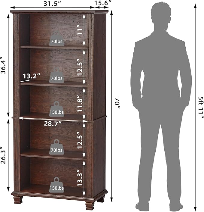 70" Tall Walnut Bookshelf,5 Tier Wooden Book Shelf with Adjustable Shelves &amp; Wood Legs,Free Standing Farmhouse Bookcase with Open Display Storage,Vintage Bookshelfs for Classroom, 2PCS