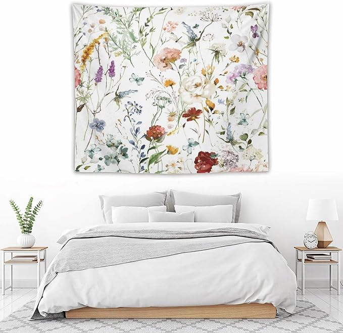 Kurtect Floral Tapestry,Colorful Watercolor Spring Flowers Botanical Theme Print Tapestries for Living Room Party Beach Picnic Blankets Tablecloths Wall Decor, 50x60 in