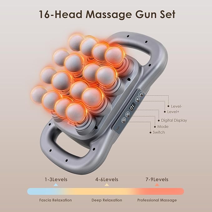 16 Head Massage Gun Set, Deep Tissue Percussion Massager, Electric Massage Tools with 9 Styles & Levels, Dark Grey