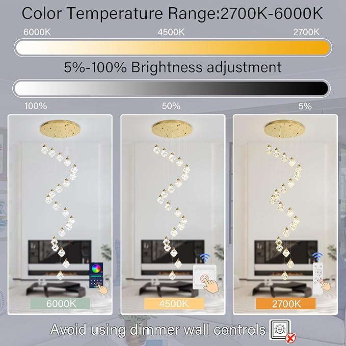 10-Light Modern Chandelier for Entrance Crystal Chandeliers for Living Room Gold Pendant Light Fixture Staircase Chandeliers for High Ceilings Dimmable LED Hanging Light with Remote