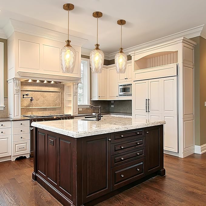 Glass Pendant Lights Kitchen Island Clear Glass Hanging Light Fixtures Farmhouse Brass Pendant Light for Kitchen Sink Dining Room, E26, Gold