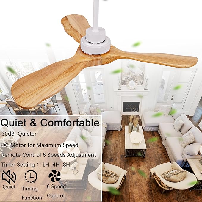 Ceiling Fans with Lights and Remote,52 Inch Unique Wood Ceiling Fan with Noiseless Reversible DC Motor,3 Blades,3 Downrods, for Farmhouse,Patio Living Room,Bedroom,Office,Indoor Outdoor(White+Wood)