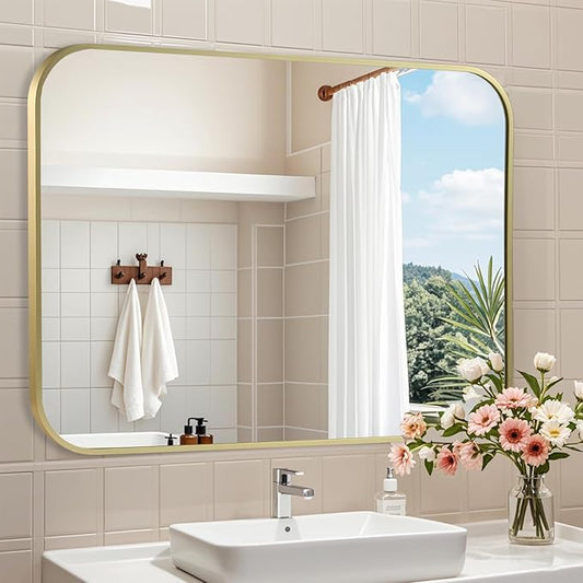 Brushed Gold Mirror, 40"x30" Rectangle Bathroom Mirror, Metal Frame Rectangle Corner Vanity Mirror, Wall Mounted Mirror for Modern, Living Room, Bedroom, Horizontal Or Vertical