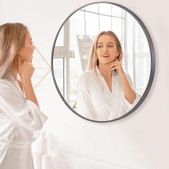 24 inch Round Titanium Mirror Wall Decor, Brushed Dark Grey Metal Framed Circle Mirror for Bathroom Vanity, Bedroom Decor, Living Room, Entryway