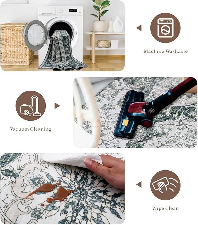 8x10 Boho Washable Area Rugs for Large Living Room Machine Washable Rug Stain Resistant Non-Slip Backing for Bedroom, Soft Vintage Area Rug (Green,8x10ft)