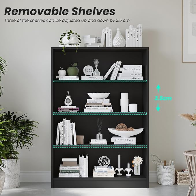 Farini 4 Shelf boockase Display Bookcase Freestanding Wooden Bookshelves for Home Office Living Room,48 Inch Height,Black