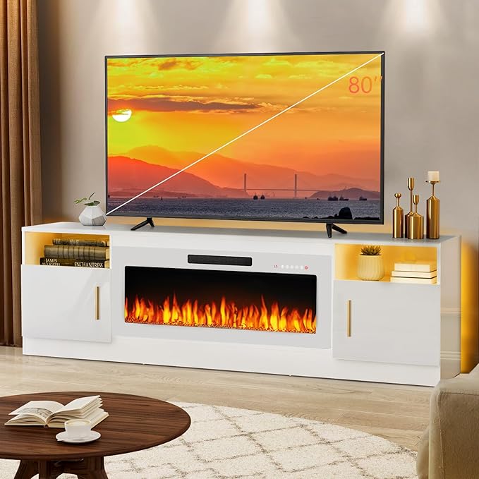 Lemberi Fireplace tv Stand with 36 inch White Fireplace Up to 80" TVs,LED Light Entertainment Center and Storage, 70" Modern Wood Media TV Console with Highlight Cabinet for Living Room