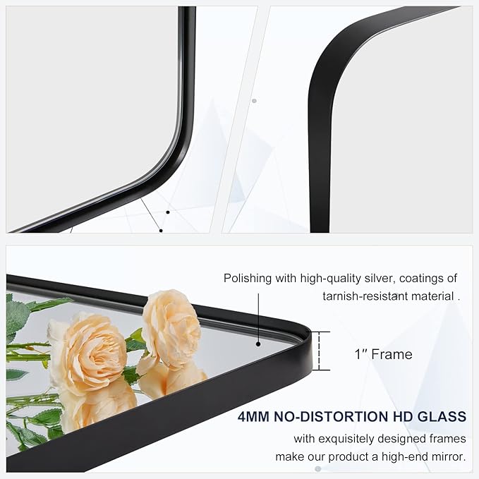 ANDY STAR Wall Mirror for Bathroom, 24x36 Matte Black Bathroom Mirror, Modern Stainless Steel Metal Frame with Rounded Corner, Rectangle Glass Panel Wall Mounted Mirror for Vanity