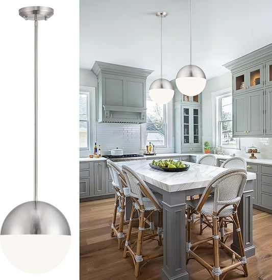 10in Brushed Nickel Pendant Light Globe Glass Kitchen Island Pendant Light Fixtures Modern Frosted Glass Hanging Light Milky White Ball Pendant Lights for Kitchen Sink Dining Room Entry Bathroom