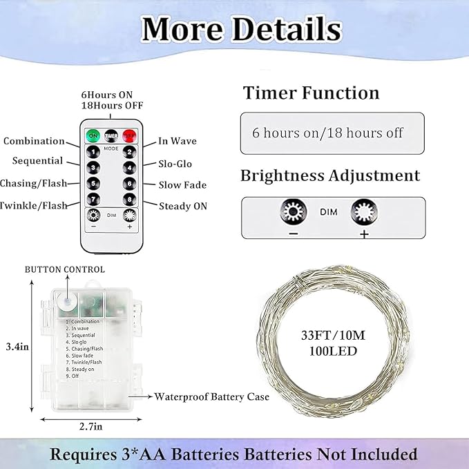 2-Pack Fairy Lights Battery Operated with Remote, Waterproof 33FT 100 LED Battery String Lights Outdoor Indoor, 8 Modes Twinkle Lights with Timer for Bedroom Wedding DIY Christmas Decor (Cool White)