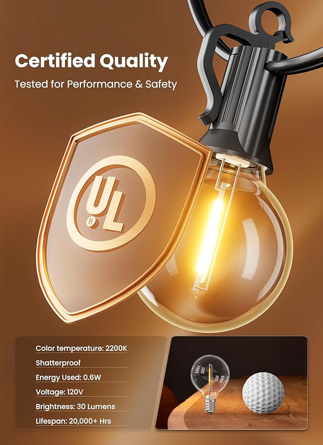 Outdoor String Lights 25 Feet G40 LED Patio Lights, Plug-in, 13 Plastic Edison Bulbs(1 Spare), Waterproof Connectable Hanging Light for Backyard Porch Balcony Party Decor, E12 Base, Black