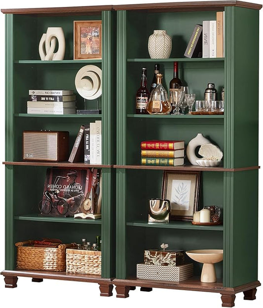 70" Tall Green Bookshelf,5 Tier Wooden Book Shelf with Adjustable Shelves &amp; Wood Legs,Free Standing Farmhouse Bookcase with Open Display Storage,Vintage Bookshelfs for Library, 2PCS