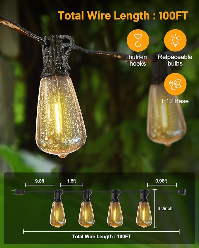 Doukegde 100FT LED Outdoor String Lights, 2700K LED Patio Lights Outdoor Waterproof with 50+2 Shatterproof Vintage Bulbs, Plug in Hanging Light for Porch, Backyard, Garden, Gazebo [Non-Solar]