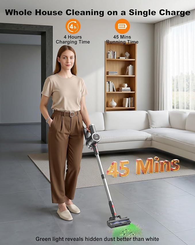 Cordless Vacuum Cleaner, 6-in-1 Lightweight Stick Vacuum with 45mins Runtime, LED Display &amp; Light, Self-Standing, Rechargeable Cordless Vacuum for Carpet, Tile, Pet Hair, Hardwood Floors (Gray)