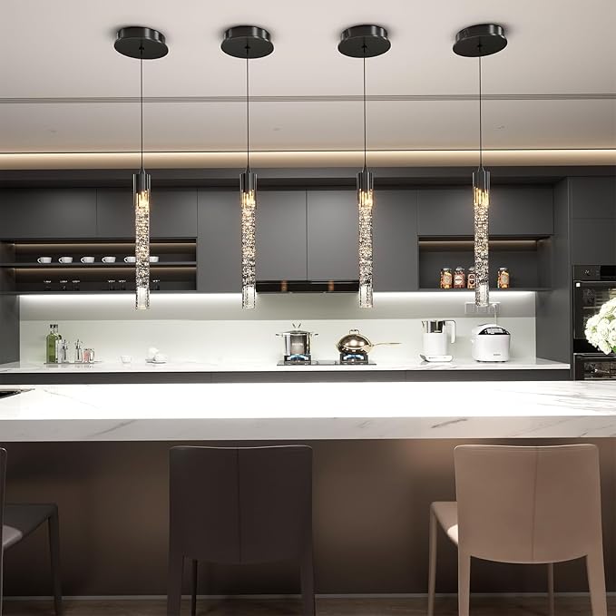 Flashing God Black Pendant Lights Modern LED Kitchen Island Light Crystal Mini Pendant Light with Dimmable LED Bubble Crystal Chandelier for Dining Room, Bedroom, Bar