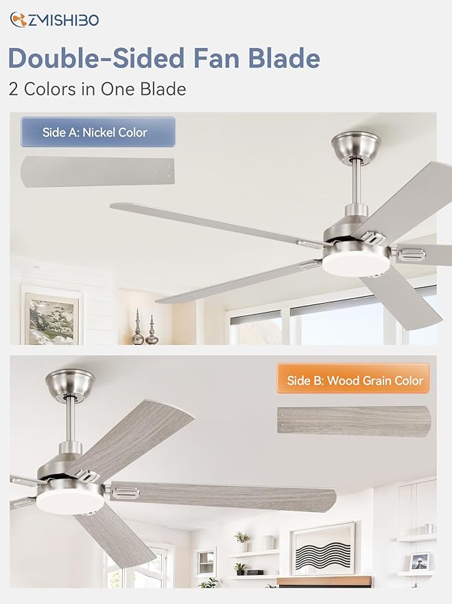 ZMISHIBO 60" Ceiling Fans with Lights, Nickel Modern Ceiling Fan with Remote, Bedroom Indoor Ceiling Fan with Dual Finish Blades, Quiet & Strong Motor, Bright LED Light