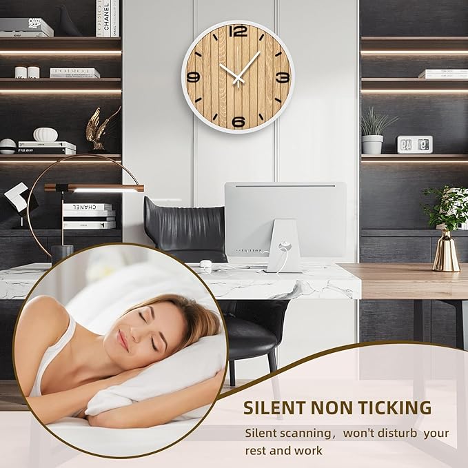 12 Inches Wooden Analog Wall Clock Battery Operated, Modern Silent Non-Ticking Decorative White Clocks for Office, Living Room, Bathroom, Kitchen, Bedroom