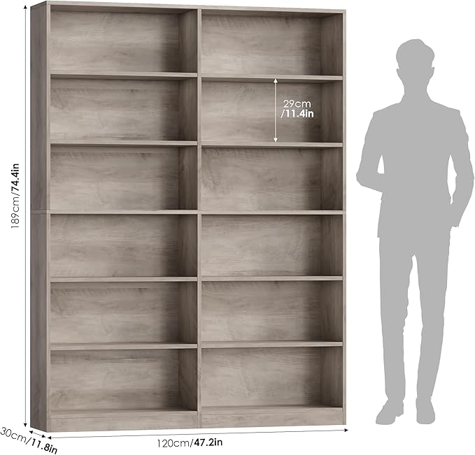 Bookshelf and Bookcase, 6-Tier Double Wide Bookshelfs, Freestanding Display Storage Shelves, Tall Bookcases for Home Decor Bedroom, Living Room, Home Office, Wash Gray