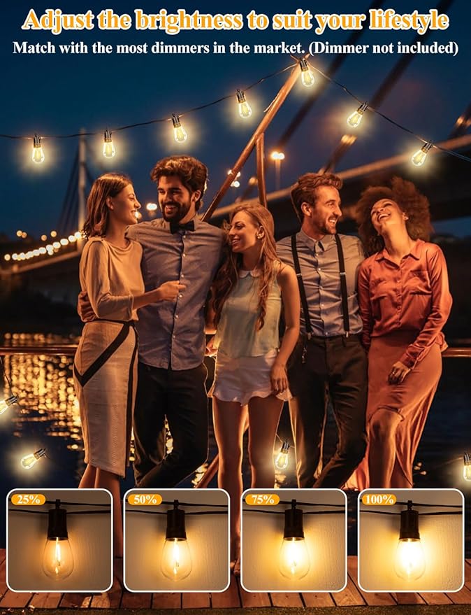 Brightever 120FT Outdoor String Lights Waterproof, LED Patio Lights with 34 S14 Shatterproof Vintage Bulbs(2 Spare), 2700K Outside Hanging Decorative Light for Cafe, Bistro, Party, Birthday, Holiday