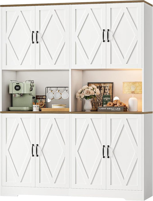 HOSTACK 71" Tall Pantry Cabinet, 55" Wide Kitchen Pantry Storage Cabinet, Large Kitchen Hutch with 2 Microwave Stands, Farmhouse Coffee Bar Station with Doors and Shelves for Dining Room, White