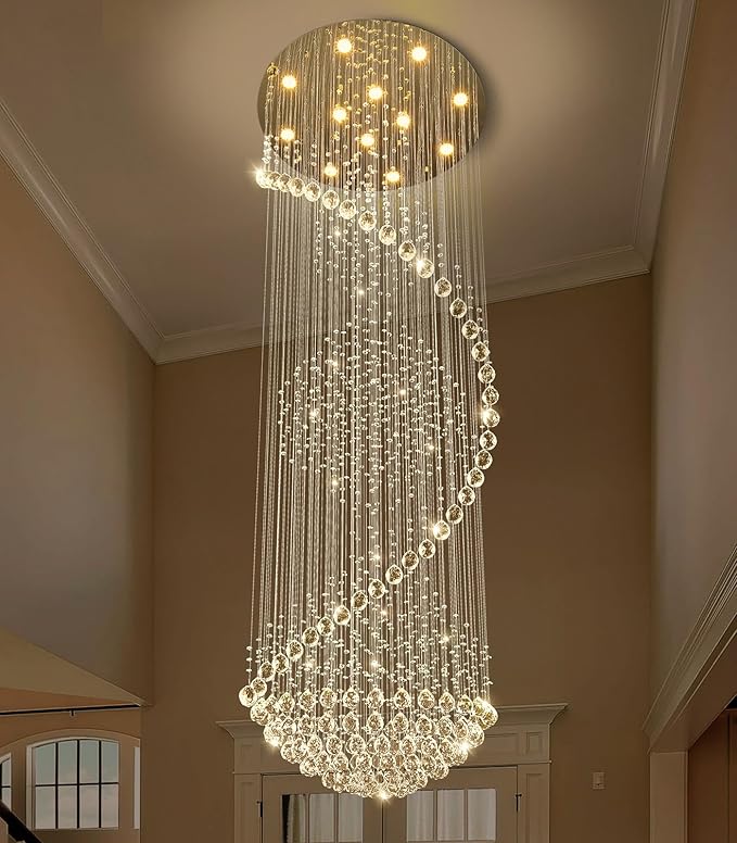 98'' Crystal Chandelier High Ceiling Chandeliers for Staircaes Large Raindrop Chandeliers LED Dimmable Flush Mount Light Fixtures for Foyer Hallway Entryway LED Bulbs Included Gold