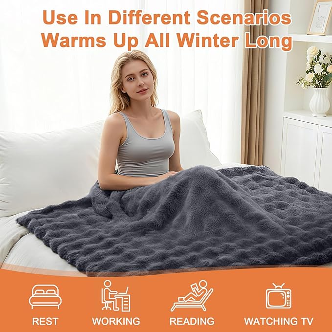 Heated Blanket Electric Throw Blanket 50''X 60''-Heating Blanket with 6 Heat Settings-4/10 Hours Auto Off,Cozy Faux Rabbit Fur Bubble Electric Blanket,Dark Gray
